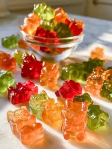 A handheld smartphone photo of translucent fruit juice gummy bears in an elegant glass bowl, showing jewel-like clarity in ruby red and orange.