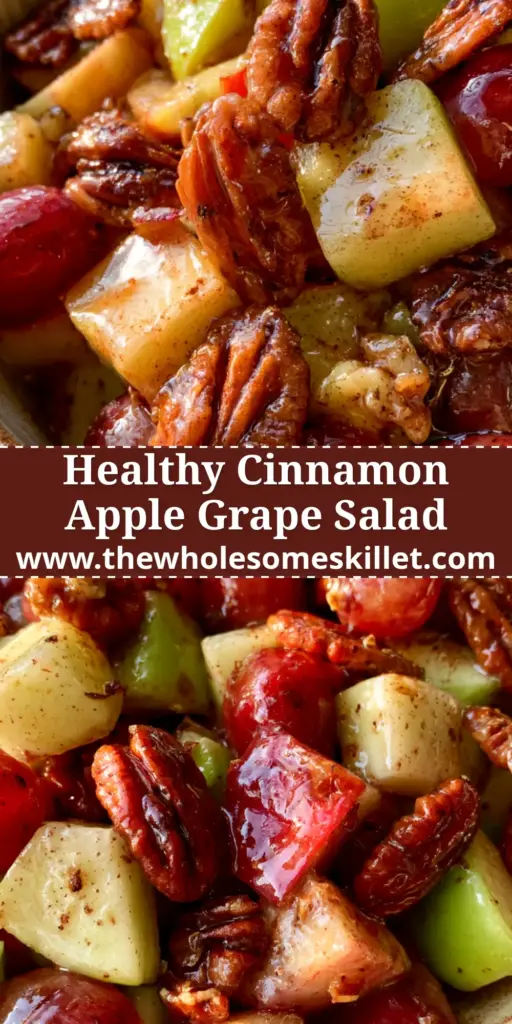 Apple Grape Salad with Honey Cinnamon Glaze and Toasted Pecans 3 A vibrant apple grape salad in a rustic bowl featuring red and green apple cubes, red grapes, and toasted pecans with a honey cinnamon glaze. (apple grape salad)