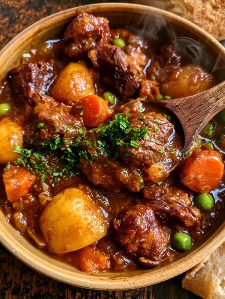 Seared chunks of beef submerged in a dark brown stew sauce with steam rising from a ceramic bowl.