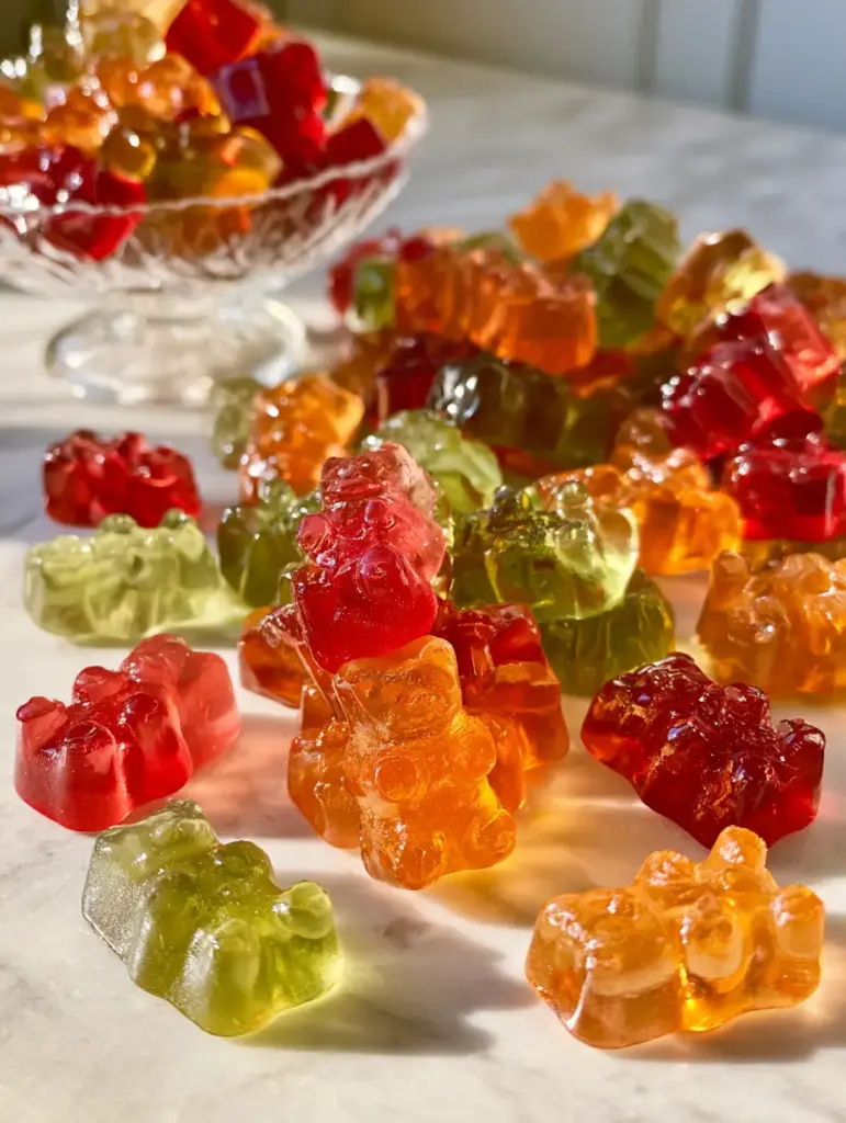 Close up of emerald green and ruby red fruit juice gummy bears on a light marble surface with shallow depth of field.