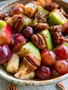 High-angle shot of a rustic ceramic bowl filled with cubed apples, red grapes, and pecans. (apple grape salad)
