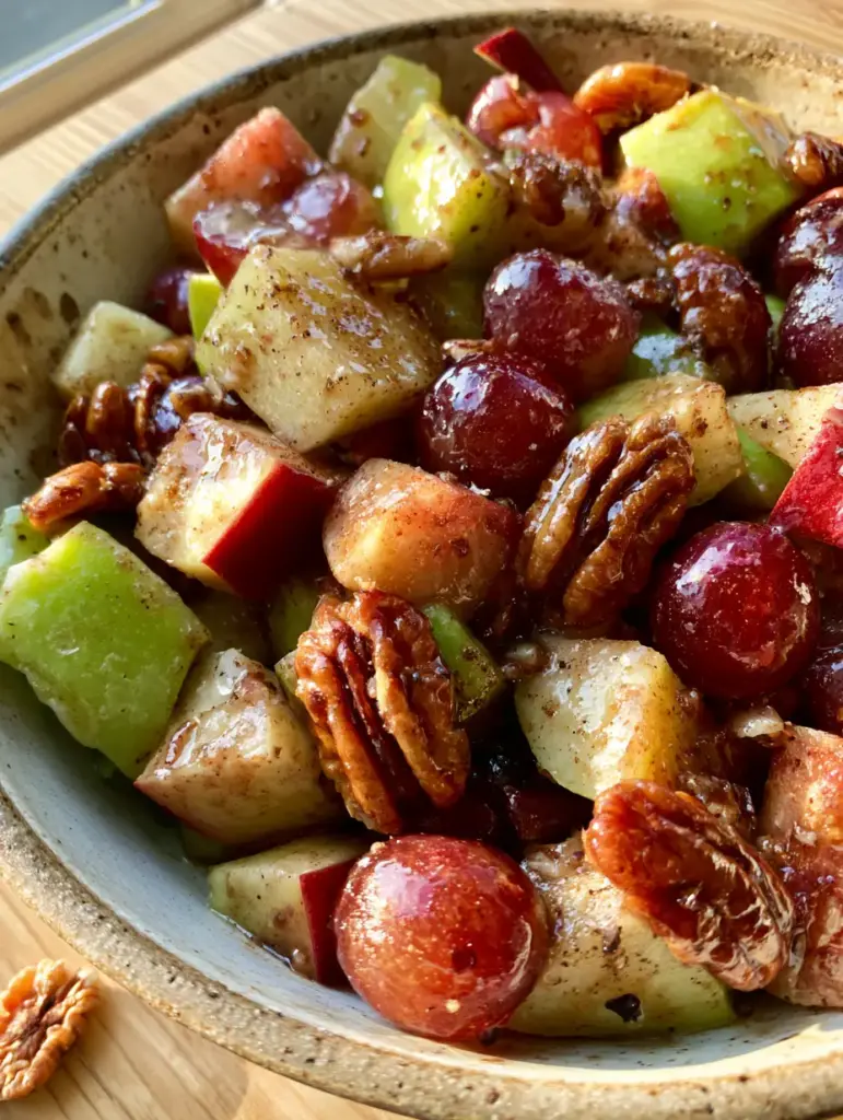 Apple Grape Salad with Honey Cinnamon Glaze and Toasted Pecans 1 Close-up of a glistening honey-cinnamon glaze on fresh apple chunks and red grapes.