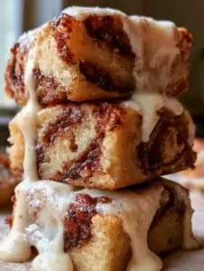 Handheld photo of gooey cinnamon roll bars showing dark brown swirls and moist golden crumb.