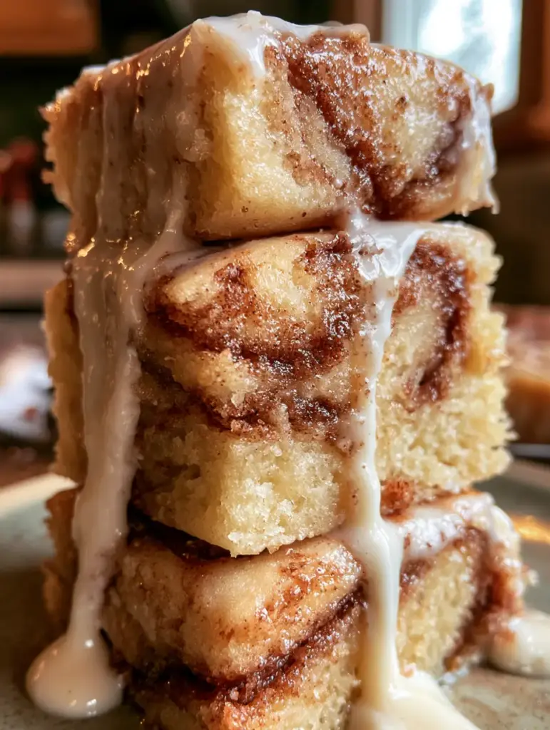 Cinnamon Roll Bars: The Ultimate Gooey, Thick, and Easy Recipe 1 A stack of cinnamon roll bars catching soft morning light from a nearby window.