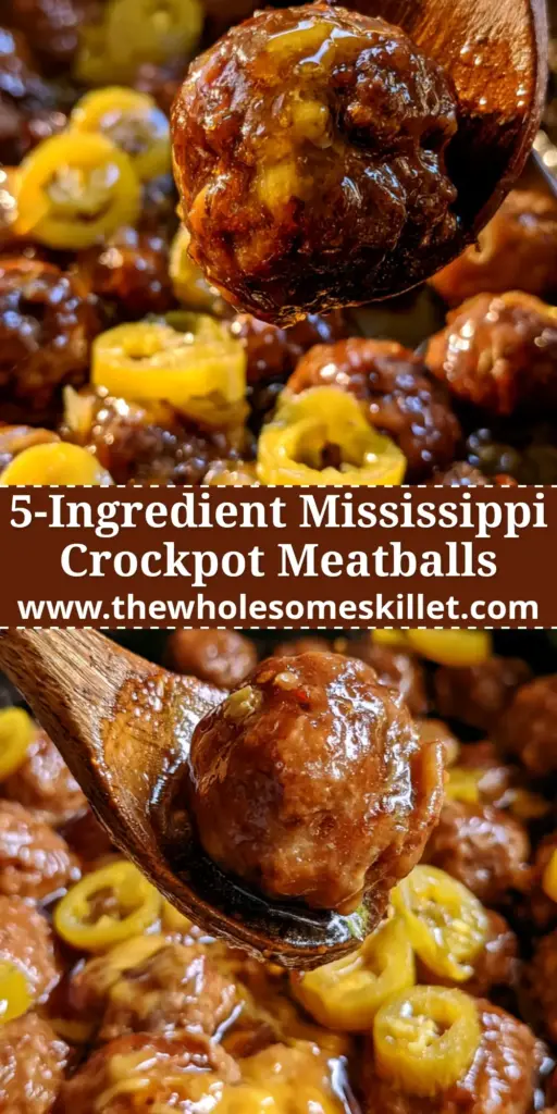 A close up of a wooden spoon lifting a glistening mississippi meatball from a slow cooker filled with dark gravy and pepperoncini.