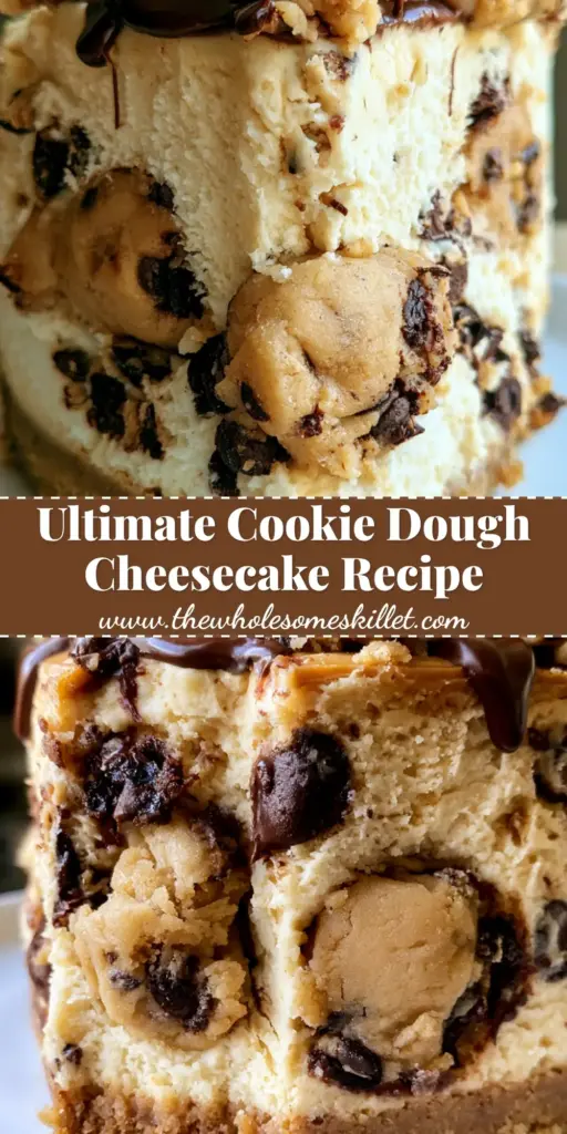 A close-up vertical shot of a tall slice of cookie dough cheesecake with oversized dough chunks and chocolate drizzle.