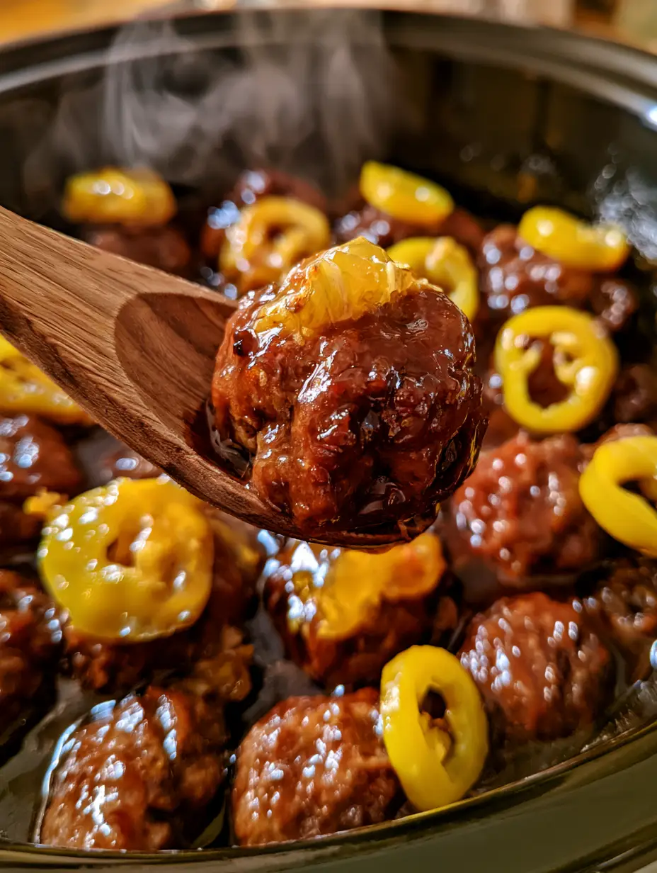 A handheld smartphone photo showing glistening mississippi meatballs in a dark au jus sauce inside a ceramic slow cooker.