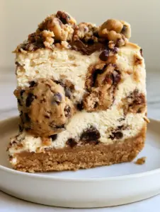 A smartphone photo of a messy delicious cookie dough cheesecake slice on a white plate in natural light.