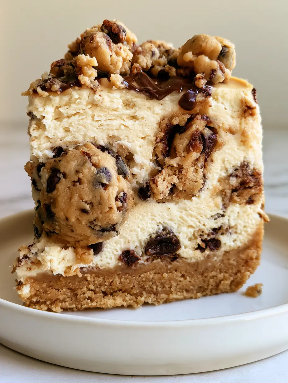 A smartphone photo of a messy delicious cookie dough cheesecake slice on a white plate in natural light.