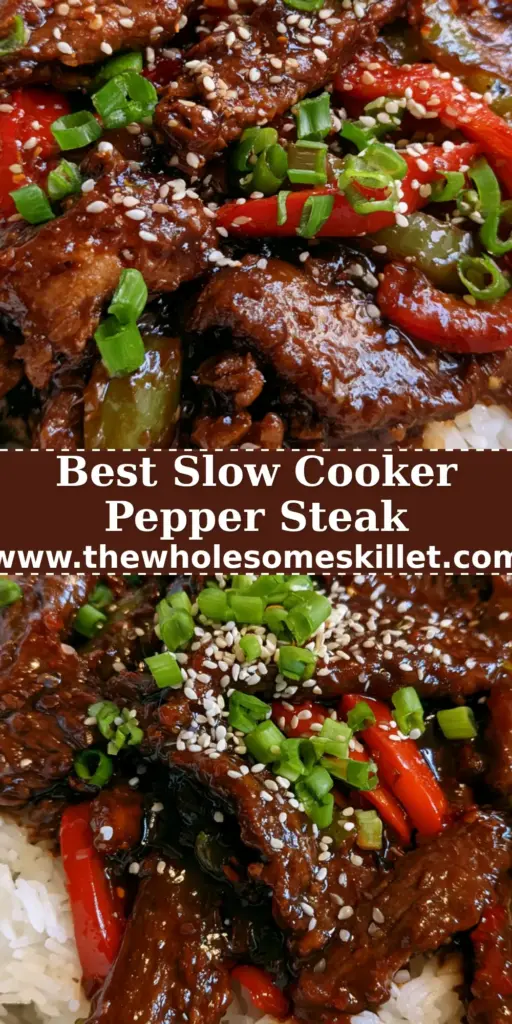 Pepper Steak with Glistening Savory Sauce and Fluffy Jasmine Rice 4 A high-angle close-up of pepper steak with glistening beef strips, red and green bell peppers, and sesame seeds over jasmine rice.