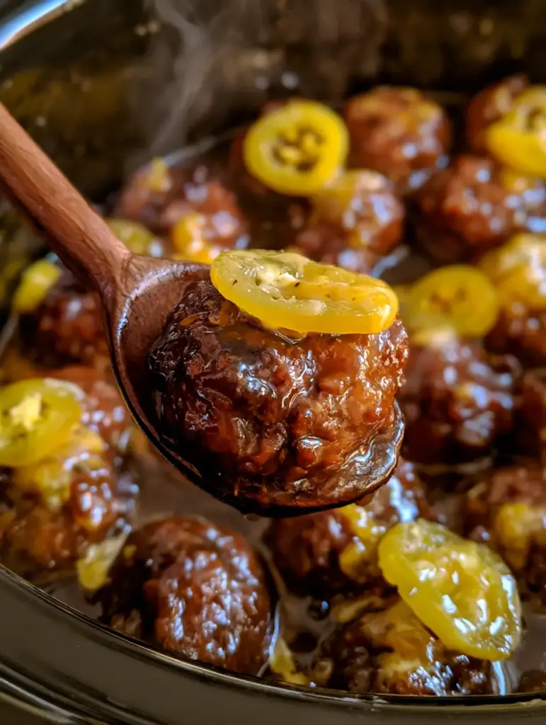 Close up of beef mississippi meatballs topped with bright yellow pepperoncini rings and melted butter.
