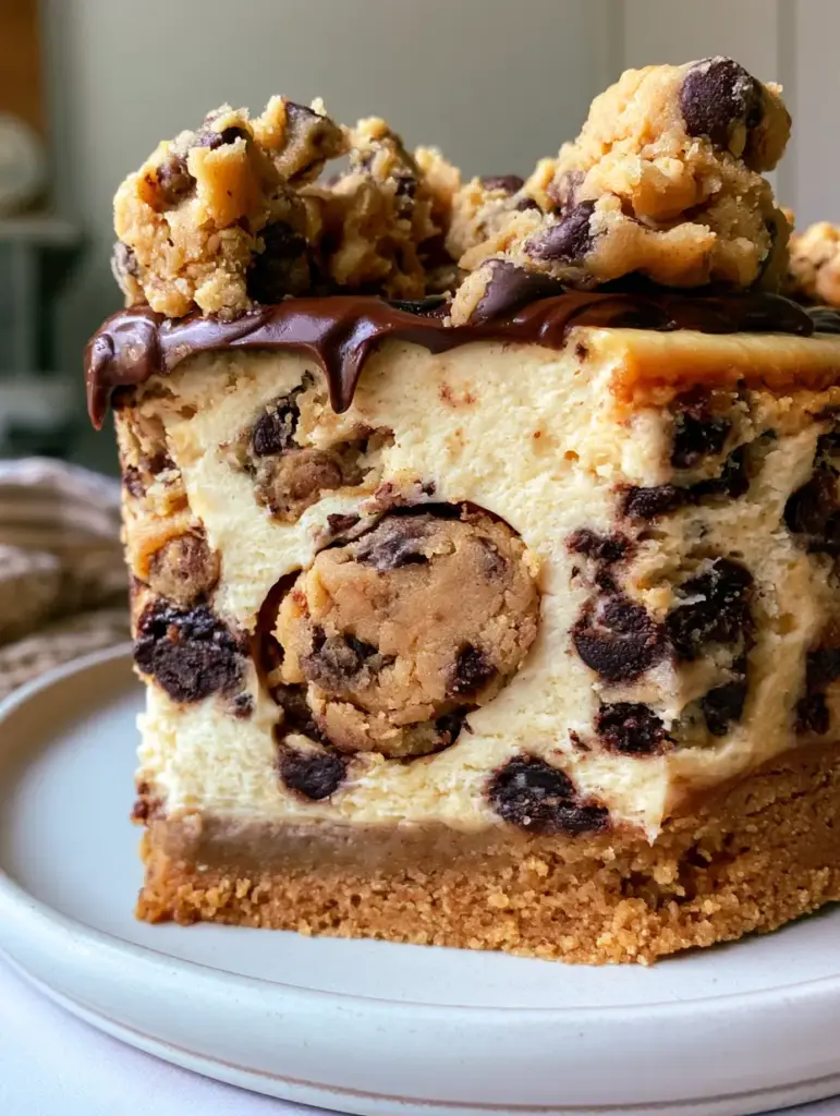 Side view of cookie dough cheesecake showing the thick golden-brown cookie crust and layers of chocolate chips.