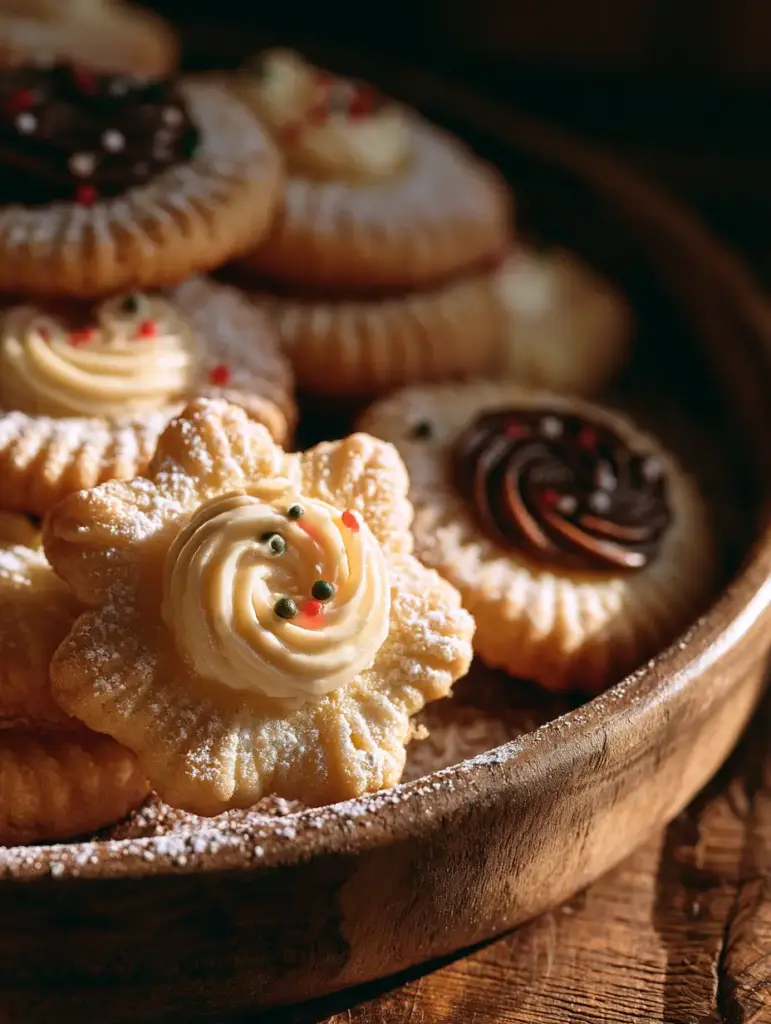 Danish Butter Cookies: The Ultimate Fluted Shortbread Recipe 2 Close-up of a fluted danish butter cookie with white buttercream and red and green sprinkles.