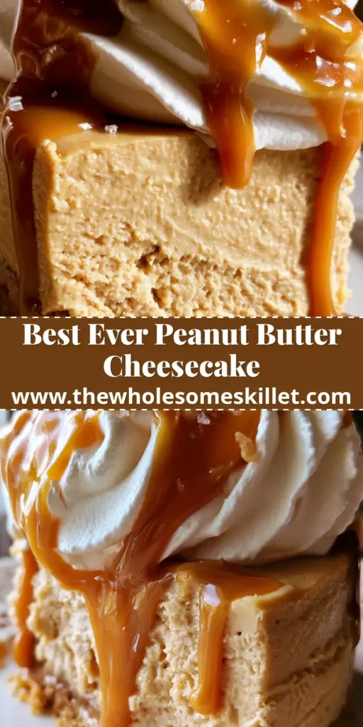 Peanut Butter Cheesecake: The Ultimate Velvety Salted Caramel Recipe 4 A tall, professional slice of peanut butter cheesecake on a white plate with caramel drips and whipped cream.