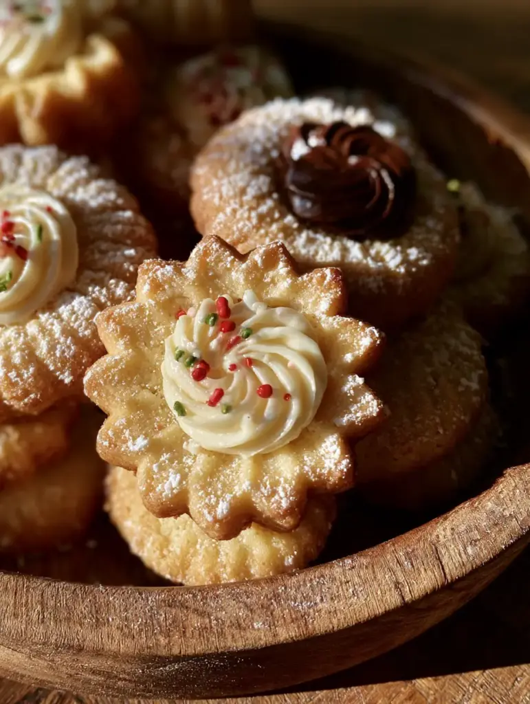 Danish Butter Cookies: The Ultimate Fluted Shortbread Recipe 1 A pile of danish butter cookies dusted with powdered sugar like snow on a rustic wooden background.