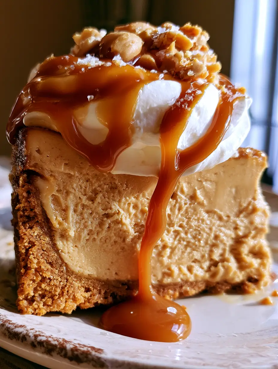 Peanut Butter Cheesecake: The Ultimate Velvety Salted Caramel Recipe 3 Close up handheld photo of peanut butter cheesecake showing the dense velvety layer and graham cracker crust.