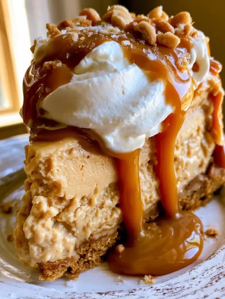 Peanut Butter Cheesecake: The Ultimate Velvety Salted Caramel Recipe 1 Peanut butter cheesecake slice overflowing with amber caramel sauce and sea salt flakes in warm sunlight.