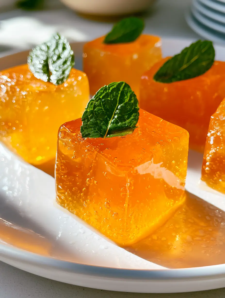 Gelatin Treats with Vibrant Orange and Fresh Mint 3 Smartphone photo showing the glossy surface and tiny trapped air bubbles inside orange gelatin treats. (gelatin treats)