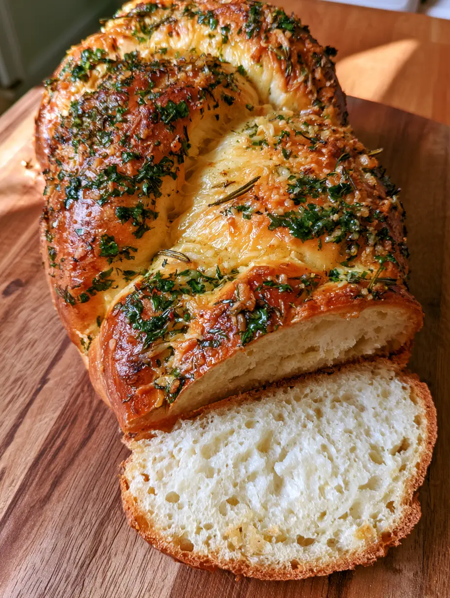 Garlic Parmesan Herb Loaf: The Ultimate Braided Artisan Bread 3 Vertical close-up of a braided garlic parmesan herb loaf with toasted parmesan and vibrant green herbs.