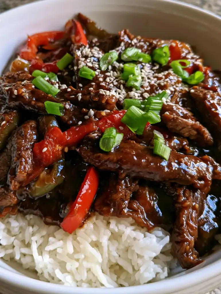 Pepper Steak with Glistening Savory Sauce and Fluffy Jasmine Rice 2 A smartphone photo of tender pepper steak coated in a thick dark glaze with bright peppers in a ceramic bowl.