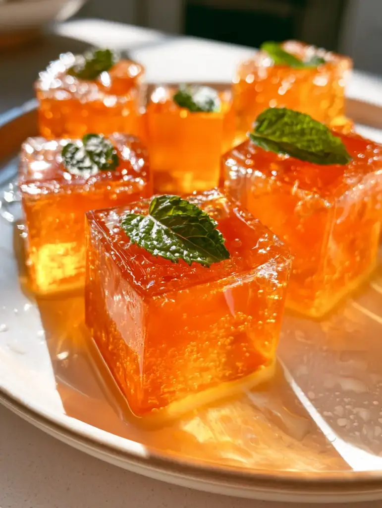Gelatin Treats with Vibrant Orange and Fresh Mint 1 Vibrant orange gelatin cubes arranged on a white ceramic plate with fresh condensation droplets for a cold look.