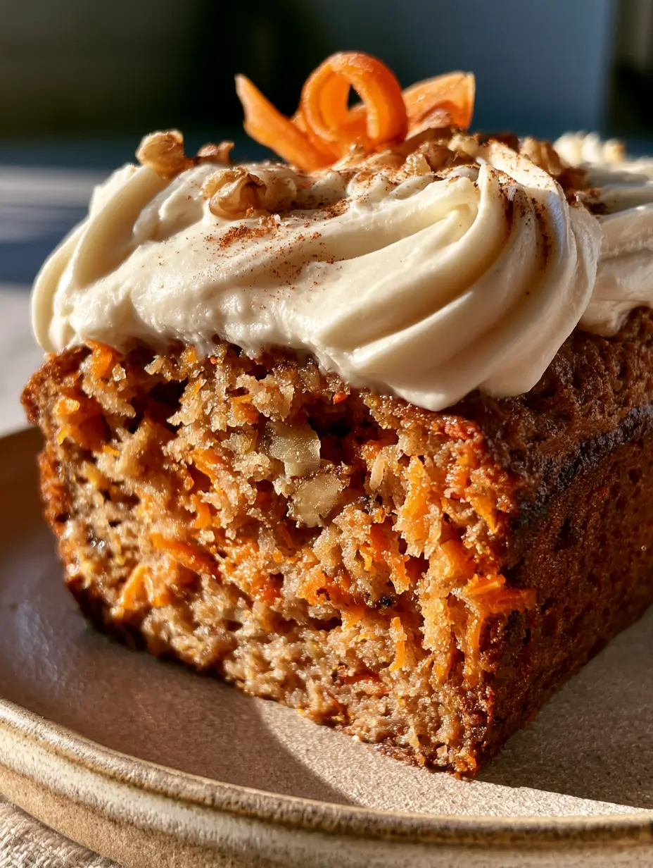 Handheld smartphone photo of a thick slice of carrot cake banana bread showing orange carrot shreds and walnuts.