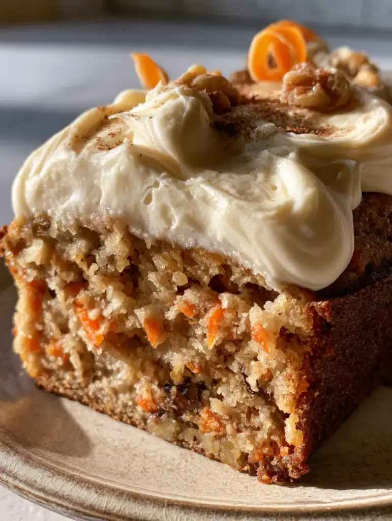 A close-up of velvety white cream cheese frosting swirls on a carrot cake banana bread loaf.