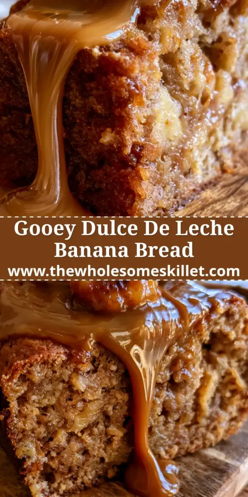 Dulce de Leche Bread with Caramelized Bananas and Sea Salt 4 A thick slice of dulce de leche bread on a rustic wooden board with a heavy caramel drip and caramelized banana rounds.