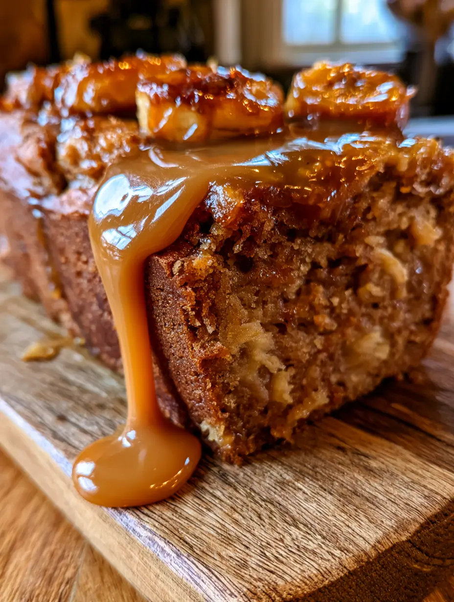 Dulce de Leche Bread with Caramelized Bananas and Sea Salt 3 Handheld photo showing the moist crumb and glossy amber dulce de leche drip of the bread. (dulce de leche bread)
