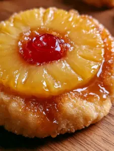 Extreme close-up macro shot of a warm pineapple upside down cookie with golden edges and a dripping brown sugar glaze.