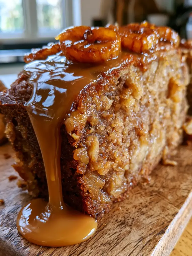 Dulce de Leche Bread with Caramelized Bananas and Sea Salt 1 Close up of caramelized banana rounds and sea salt on top of a golden-brown bread crust. (dulce de leche bread)