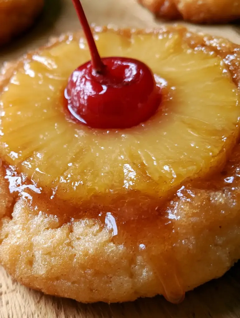 Pineapple Upside Down Cookies: A Tropical Twist on a Classic Cake 1 Handheld photo of a thick buttery pineapple upside down cookie against a rustic kitchen background.