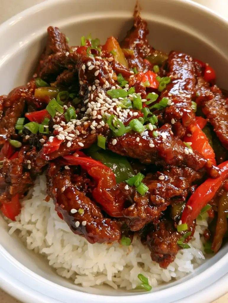 Pepper Steak with Glistening Savory Sauce and Fluffy Jasmine Rice 1 Close-up of steaming jasmine rice topped with pepper steak, sliced green onions and sesame seeds.