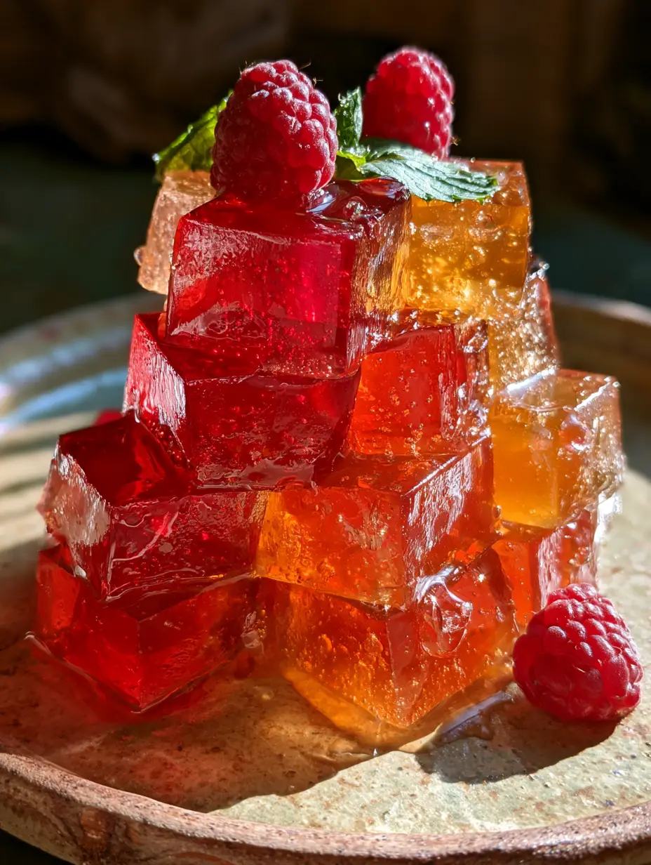 Healthy Gelatin Snacks with Fresh Raspberries and Mint 3 Extreme macro shot of translucent healthy gelatin snacks showing wobbly glossy texture and crystalline details.