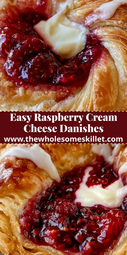 Raspberry Cheesecake Danishes with Flaky Buttery Layers 4 A close-up shot of several raspberry cheesecake danishes on a marble surface, featuring flaky pastry and glossy red jam centers.