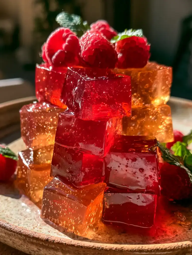Healthy Gelatin Snacks with Fresh Raspberries and Mint 1 Stack of ruby red gelatin cubes on a stoneware plate with moisture droplets and natural morning light.