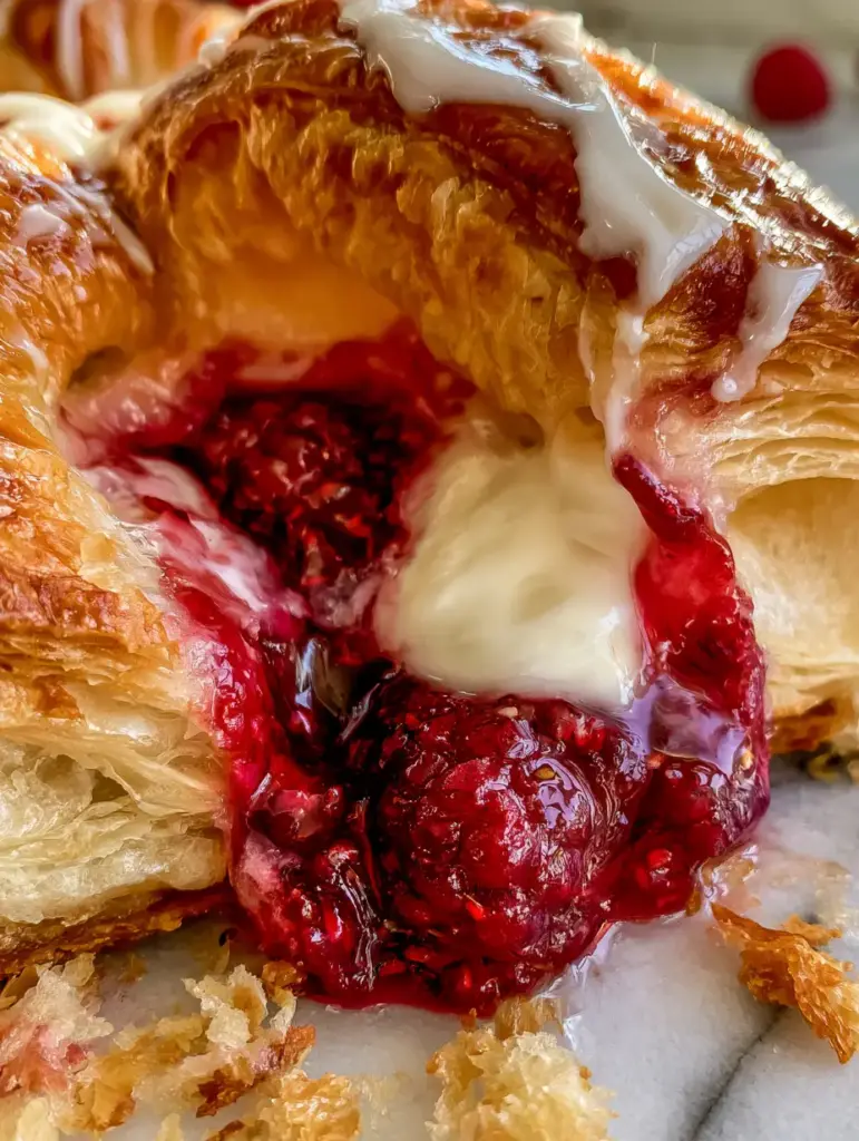 Raspberry Cheesecake Danishes with Flaky Buttery Layers 2 Extreme macro photo of a fresh raspberry cheesecake danish showing hundreds of buttery flaky layers and a velvety cream cheese center.
