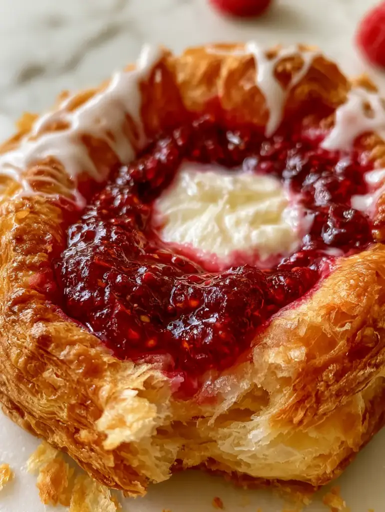 Raspberry Cheesecake Danishes with Flaky Buttery Layers 1 A handheld photo of a raspberry cheesecake danish with a messy vanilla icing drizzle and shattering golden crumbs on marble.