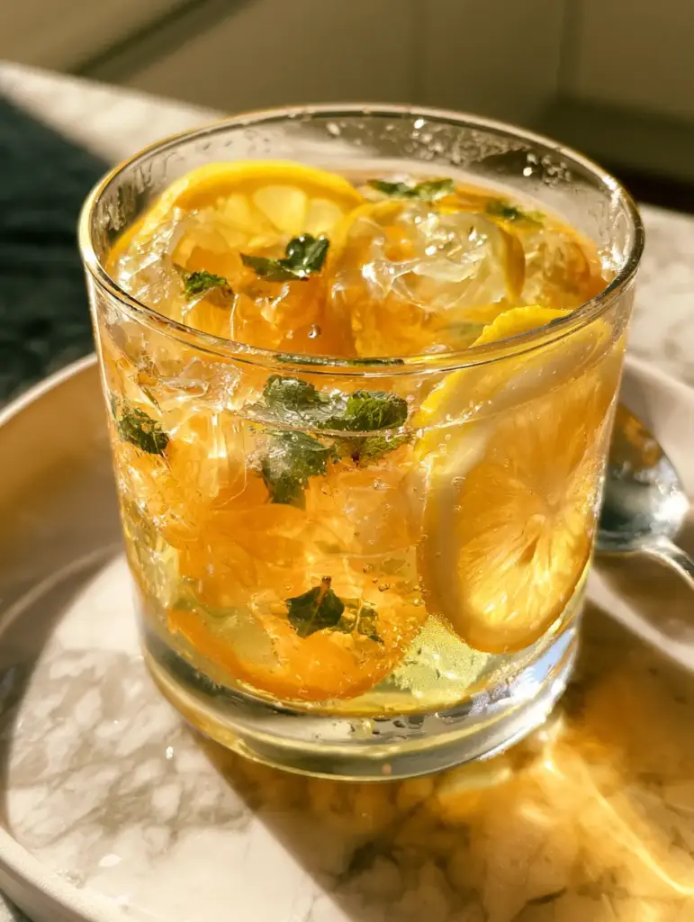 Gelatin Drink: Refreshing Lemon and Honey Gut-Healing Jelly 1 Detailed view of suspended paper-thin lemon slices and mint inside a gelatin drink.