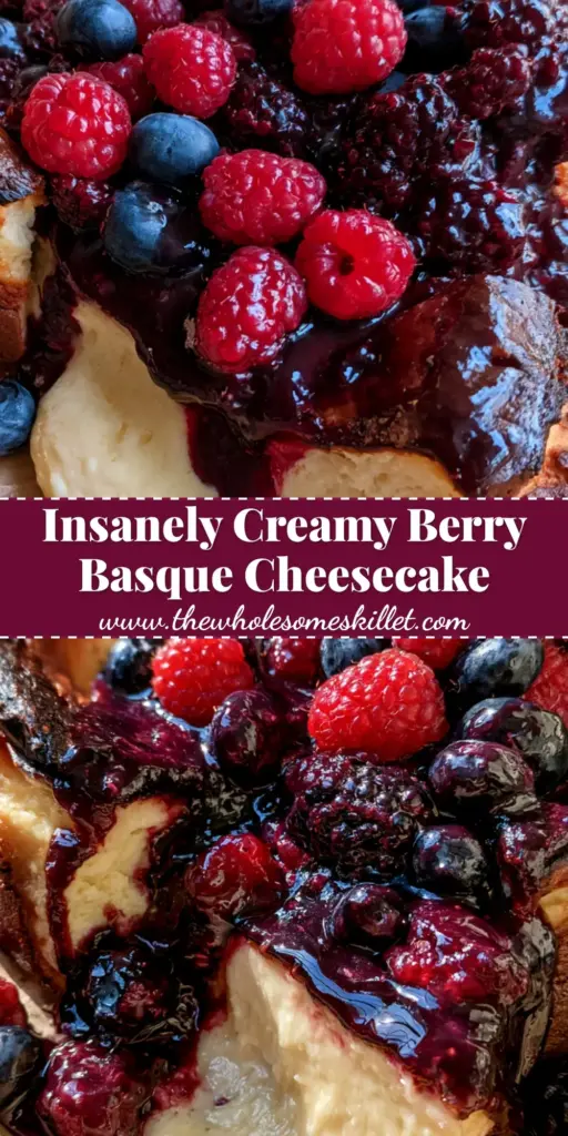 Citrus Berry Basque Cheesecake with a Molten Custard Center 4 A high-angle close-up of a citrus berry basque cheesecake with a molten ivory center, charred top, and overflowing fresh berries on rustic parchment paper.