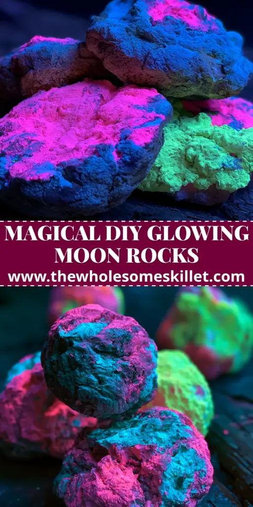 Glowing Moon Rocks: The Ultimate DIY Guide to Vibrant Neon Galactic Decor 3 A group of DIY glowing moon rocks with neon pink, blue, and green textures glowing on a dark wooden table.