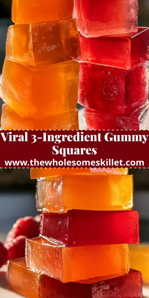 A stack of vibrant orange and red translucent fruit gelatin cubes on a white marble slab for a gummy square recipe.