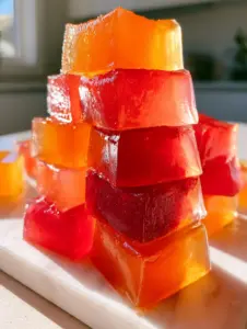 Close-up of glowing, translucent gummy squares showing smooth texture and bright raspberry red colors. (gummy square recipe)