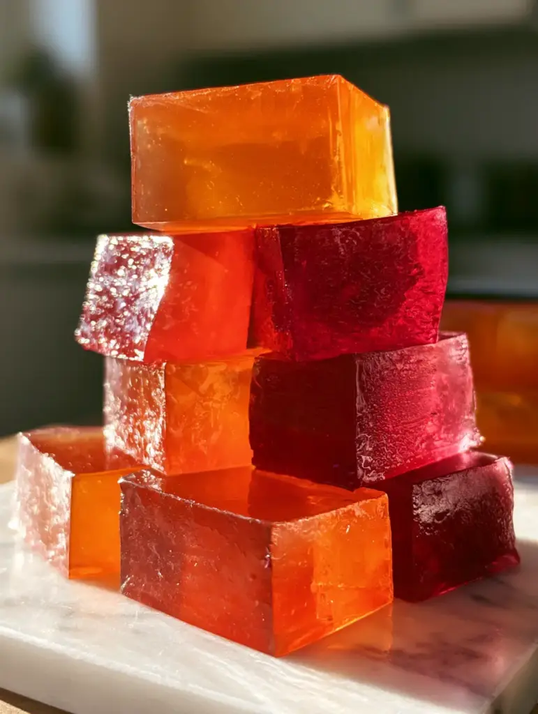 Top down view of neatly stacked fruit gummy squares on marble, catching side window sunlight.