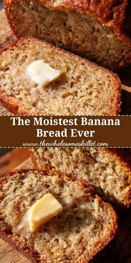 Banana Bread Recipe with a Perfectly Caramelized Golden Crust 3 A warm slice of banana bread with a caramelized crust on a rustic wooden board, topped with melting salted butter. (banana bread)