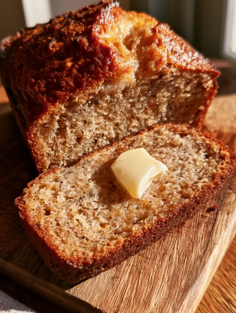 Banana Bread Recipe with a Perfectly Caramelized Golden Crust 2 Close-up high angle shot of a thick, warm slice of banana bread on a rustic board with steam and melting butter. (banana bread)