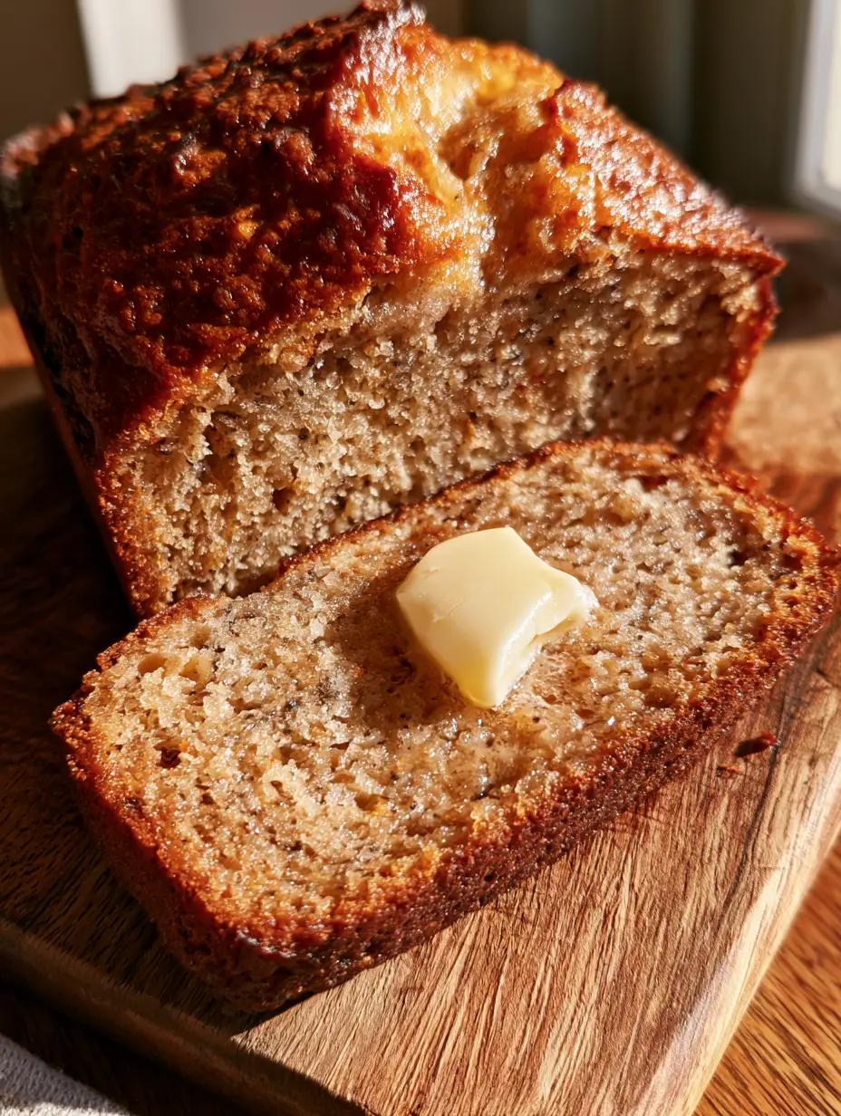Banana Bread Recipe with a Perfectly Caramelized Golden Crust 4 Close-up high angle shot of a thick, warm slice of banana bread on a rustic board with steam and melting butter. (banana bread)