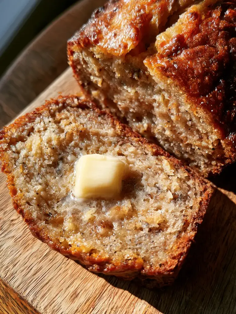 Banana Bread Recipe with a Perfectly Caramelized Golden Crust 1 A thick slice of golden brown banana bread with salted butter melting into the texture under soft window light.