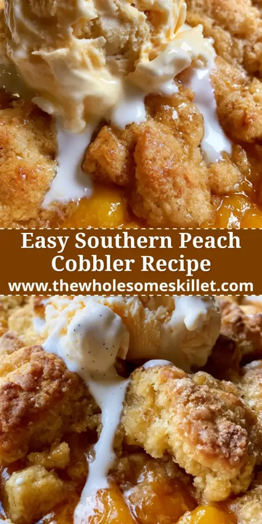 Peach Cobbler: The Ultimate Southern Recipe with a Buttery Biscuit Crust 4 A rustic Southern peach cobbler in a white ceramic dish topped with a huge scoop of melting vanilla bean ice cream. (peach cobbler)