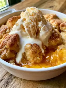 Close up handheld photo of a fresh peach cobbler with bubbling orange filling and a golden-brown craggy crust. (peach cobbler)